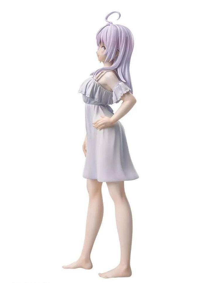 Angled view showing delicate dress folds and expression