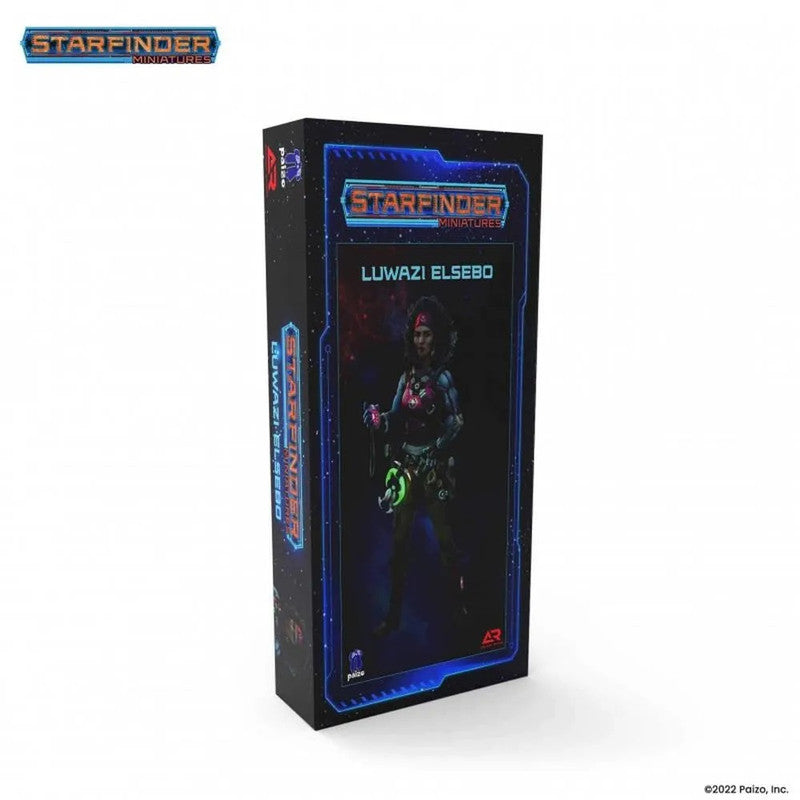 Starfinder Miniatures box: Luwazi Elsebo. Front features a sci-fi woman in armor holding glowing pink & green items
