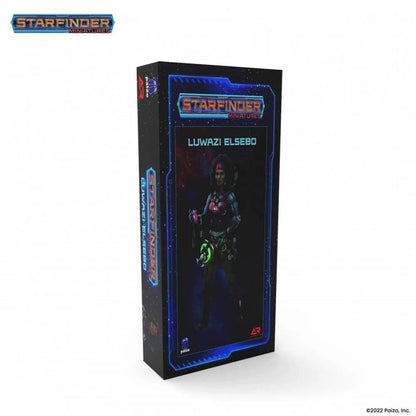 Starfinder Miniatures box: Luwazi Elsebo. Front features a sci-fi woman in armor holding glowing pink & green items