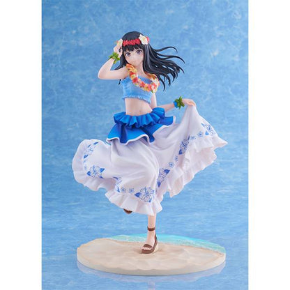 Side angle showing shy expression and sculpted swimsuit