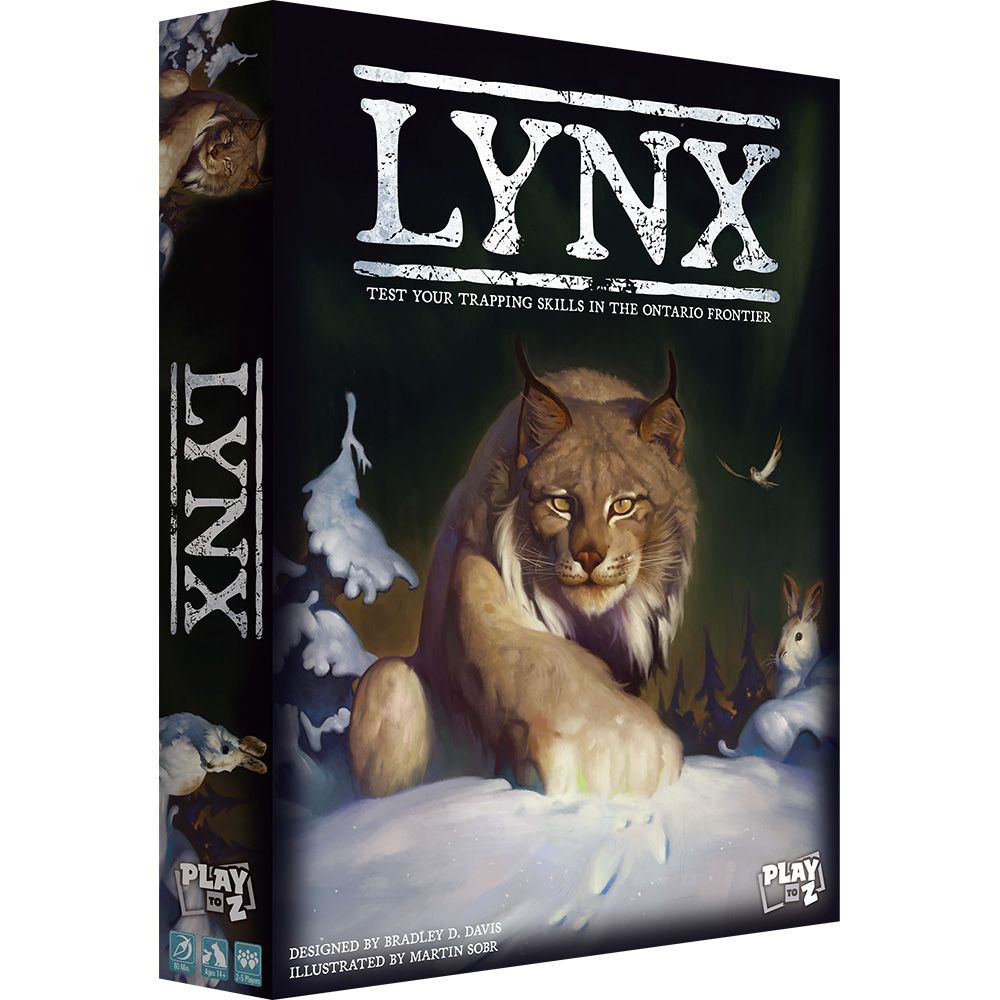 A &quot;Lynx&quot; board game box, featuring a realistic illustration of a lynx crouching in snow, staring intently at a rabbit in a winter forest