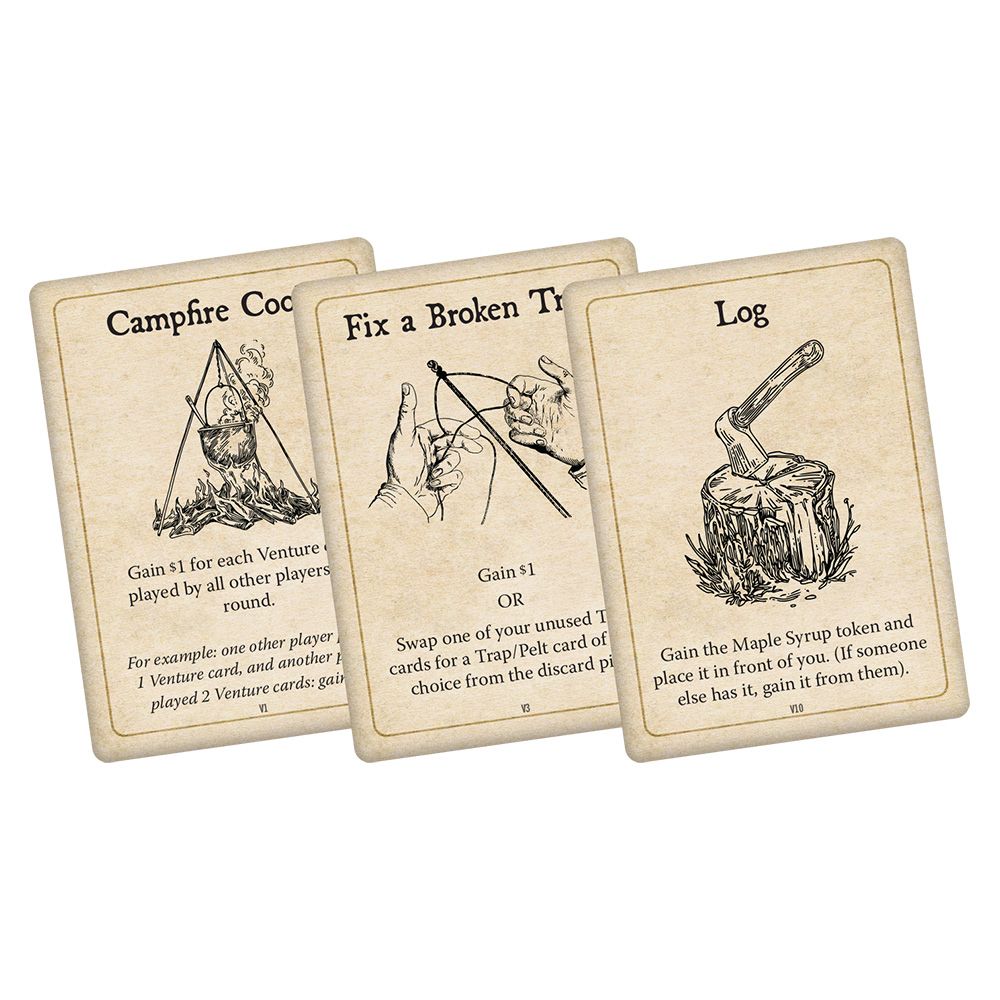 Three fanned-out vintage game cards depicting a campfire, hands fixing a bow, and an axe stuck in a log