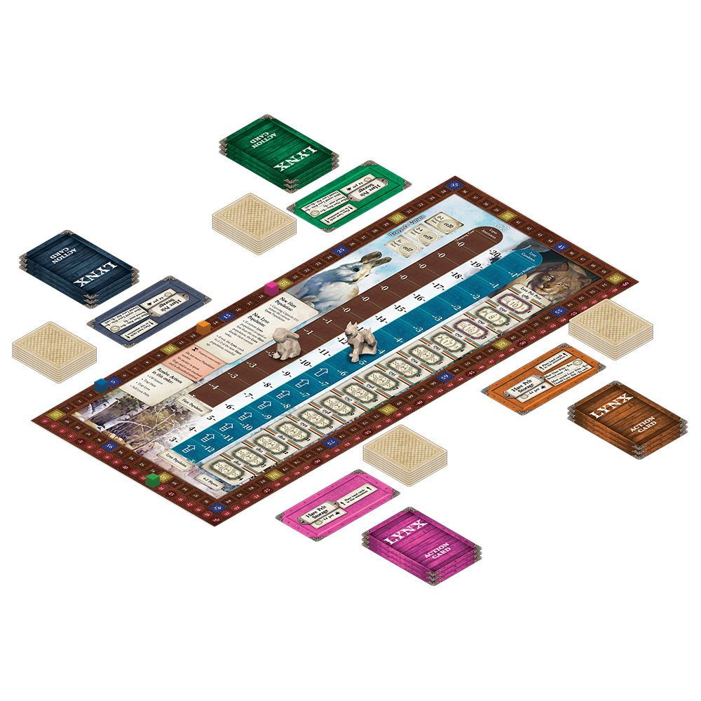 Overhead view of a board game with a long animal-themed track and multiple stacks of colorful Lynx Action Cards