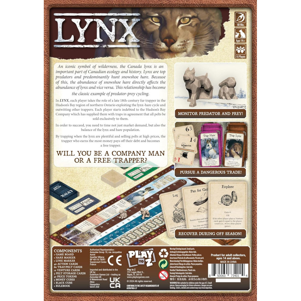 A board game box for &quot;LYNX,&quot; showing a lynx face, game cards, and text about fur trapping in the Canadian wilderness