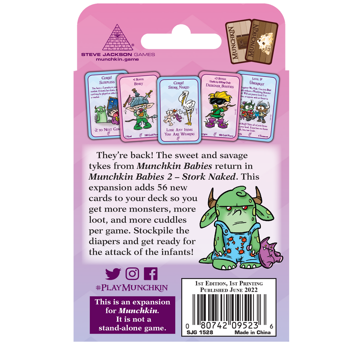 Back of Munchkin Babies 2 card game box with five themed cards and a large green horned baby monster in a onesie