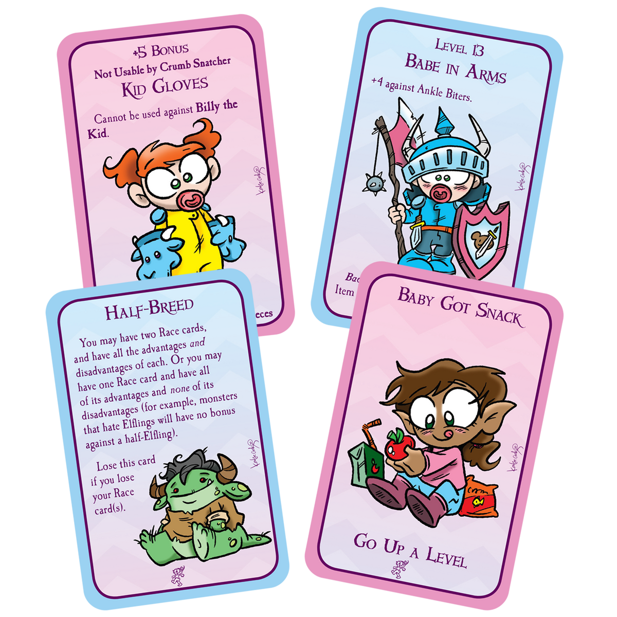 Four cartoon fantasy game cards featuring various baby characters: a cow-gloved baby, a baby knight, a goblin baby, and a snacking elf baby