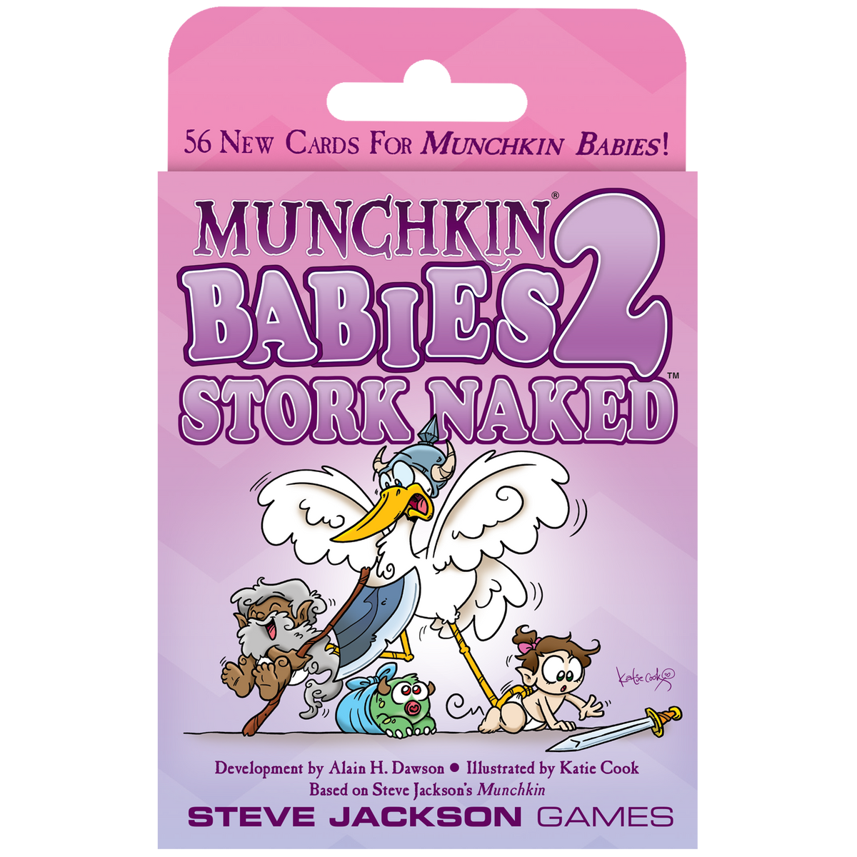 Munchkin Babies 2: Stork Naked game cover, a Viking stork leads fantasy babies, one crawling towards a sword