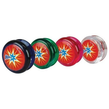 Four YoYoTech Yo Star yo-yos: blue, green, pink, and clear, with red starburst stickers