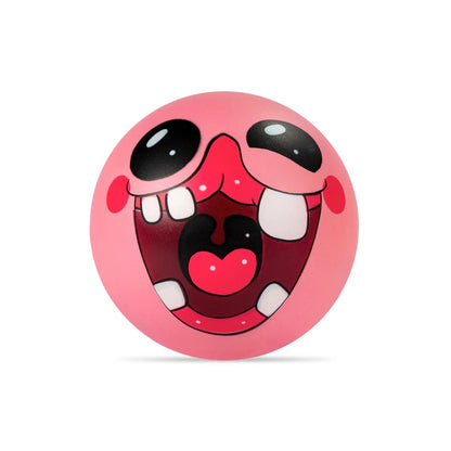 Pink cartoon ball with an exaggerated laughing face, black eyes, irregular teeth, and a heart-shaped tongue