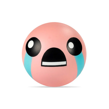 A pink round The Binding of Isaac Isaac Stress Ball displays a crying face with big black eyes, an open mouth, and blue tears