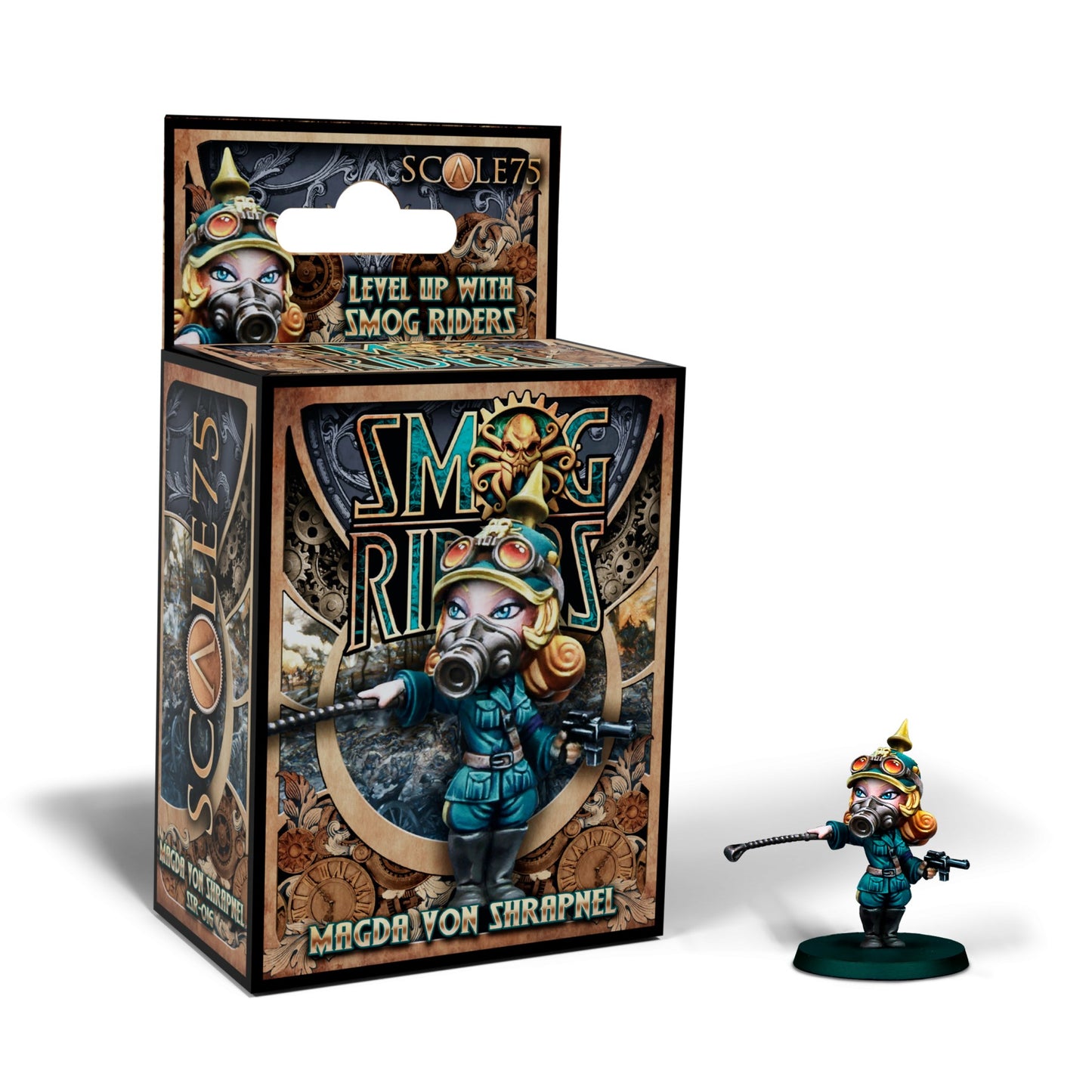 Scale75 Smog Riders 'Magda von Shrapnel' miniature: a figure in gas mask, goggles, spiked helmet, holding a club and gun, next to its box.