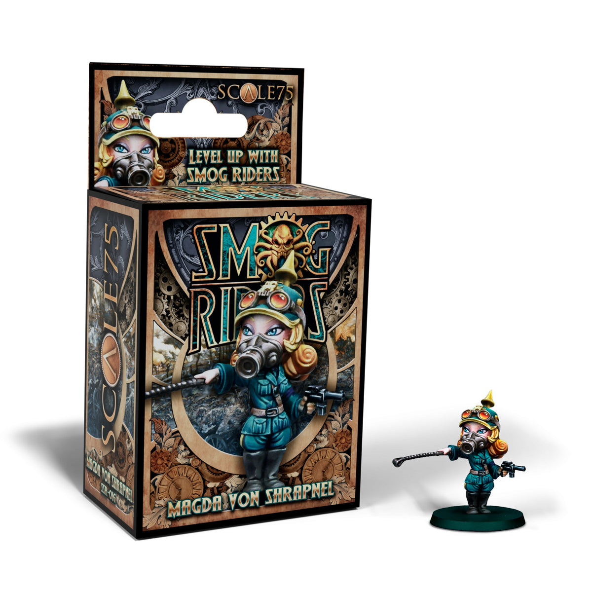 Scale75 Smog Riders &#39;Magda von Shrapnel&#39; miniature: a figure in gas mask, goggles, spiked helmet, holding a club and gun, next to its box.
