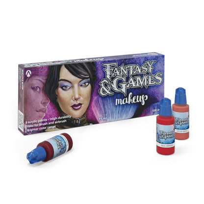 Fantasy & Games makeup acrylic paint set: box featuring faces & three small bottles (red, orange)