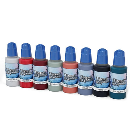 Eight different colored 'Fantasy & Games' model paint bottles with blue caps, displayed in a row