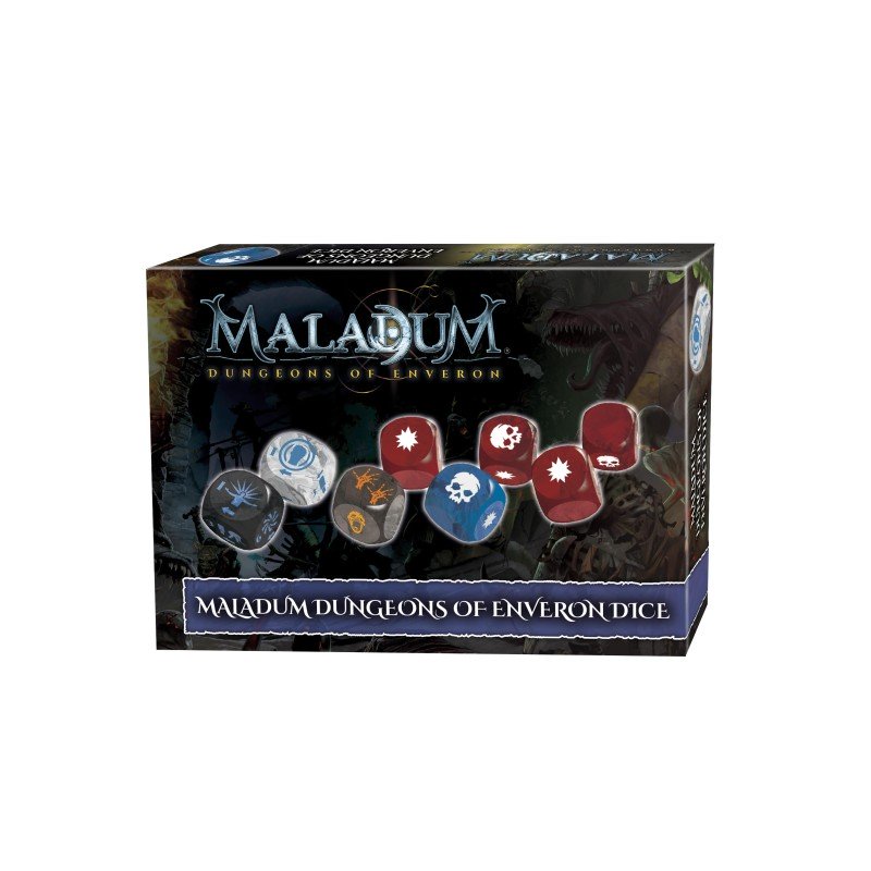 Maladum Dungeons of Enveron Dice game box, showing seven different colored dice with unique symbols like skulls and stars.