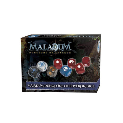 Maladum Dungeons of Enveron Dice game box, showing seven different colored dice with unique symbols like skulls and stars.