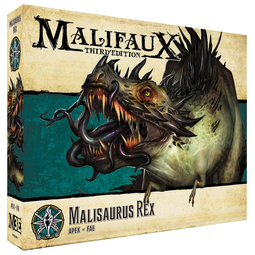 A Malifaux Third Edition box features a monstrous green Malisaurus Rex with sharp teeth, glowing eyes, and dark tentacles from its mouth