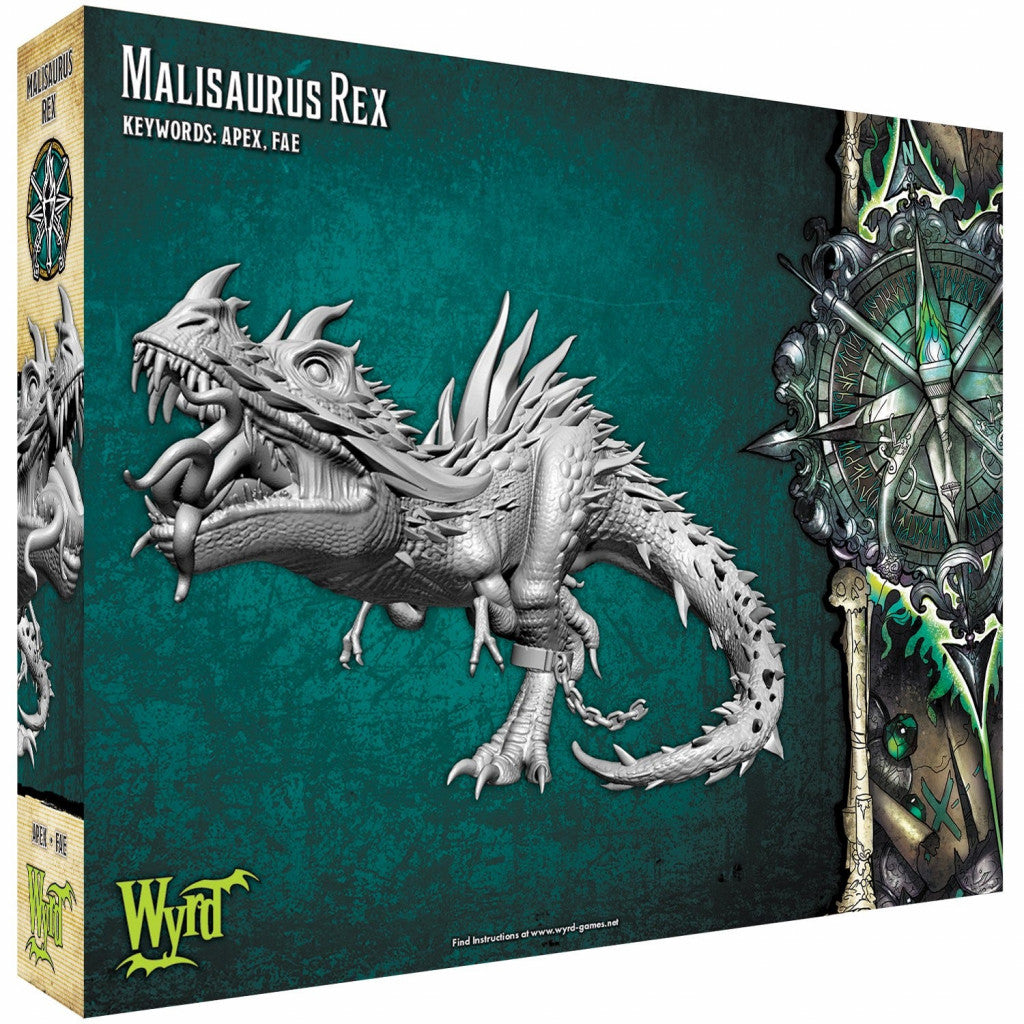 The Malisaurus Rex game box features a detailed grey miniature of a spiky dinosaur-like creature with an open mouth and chains on its leg against a dark teal background
