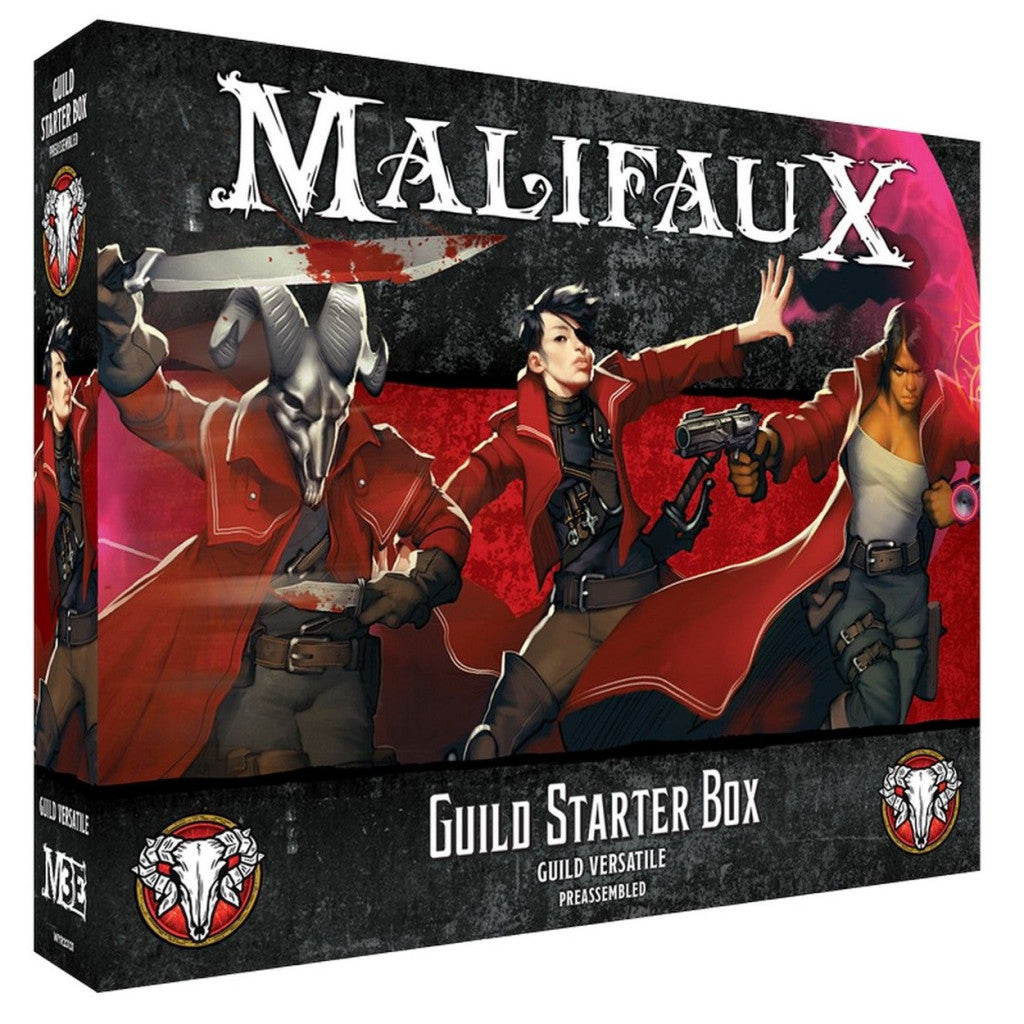 Malifaux Guild Starter Box art shows three characters, one with a ram skull mask holding bloody knives, and two women in red coats, one with a pistol