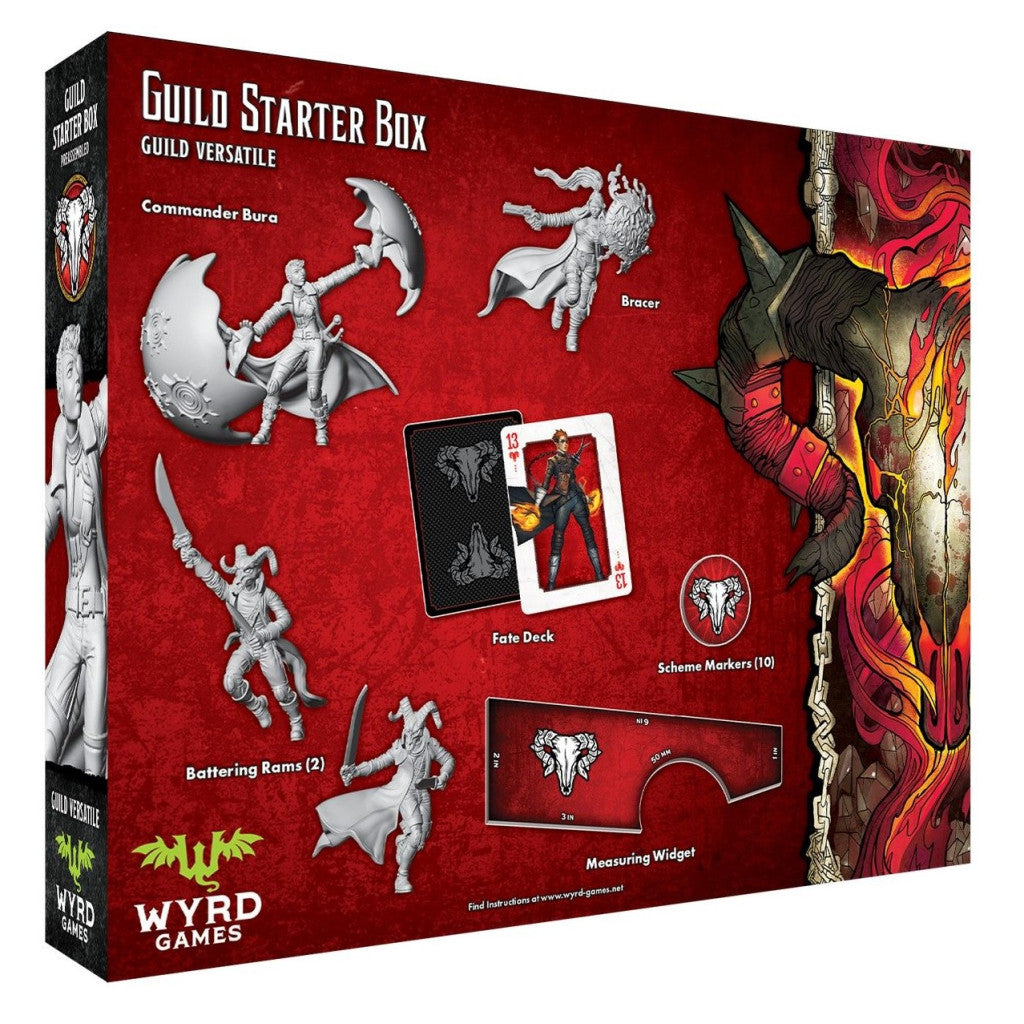 The Malifaux Guild Guild Starter Box displays unpainted miniatures, a fate deck, scheme markers, and a measuring widget on a red background with fiery artwork