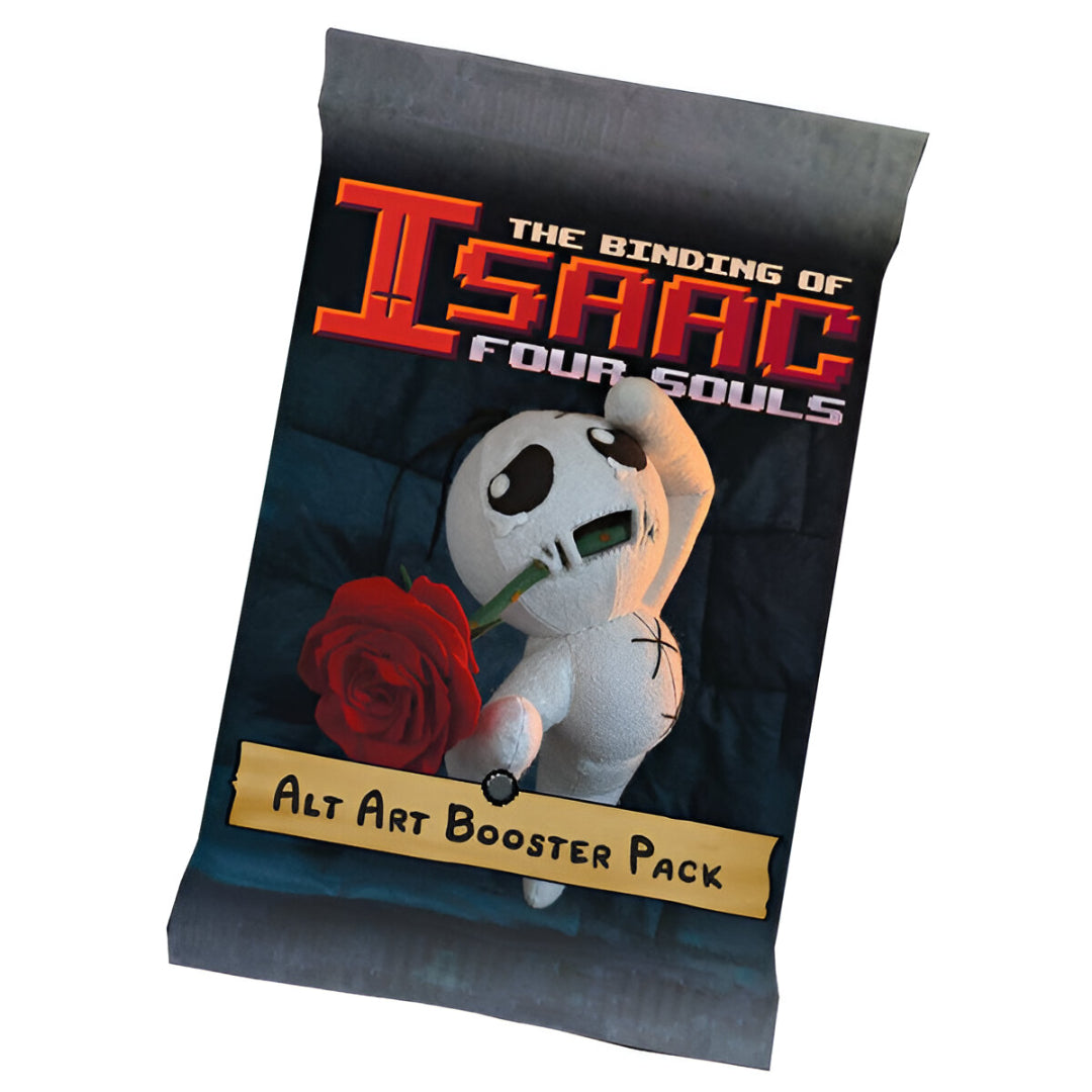 A &quot;The Binding of Isaac Four Souls Alt Art Booster Pack&quot; features Isaac a white doll-like character holding a red rose