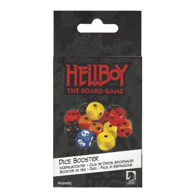 Hellboy The Board Game Dice Booster set with red, yellow, and blue dice.