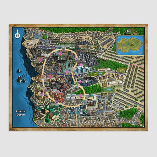 Colorful, detailed map of a coastal city: urban areas, suburbs, Atlantic Ocean, highlighted routes, and inset map