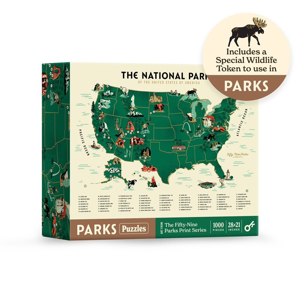 A puzzle box for The National Parks of the USA, showing a map with park illustrations and a moose token