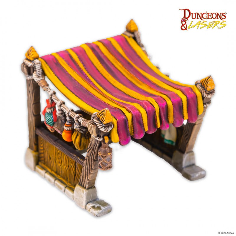 A detailed miniature market stall with a vibrant red & yellow striped canopy, wooden frame, and hanging pouches & lantern
