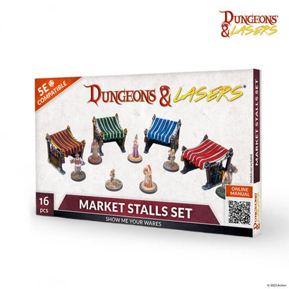Dungeons & Lasers 16-piece Market Stalls Set box, showing miniature fantasy market stalls. 5E compatible