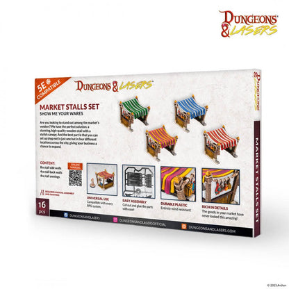 Back of Dungeons & Lasers Market Stalls Set box: four colorful miniature stalls, 5E compatible