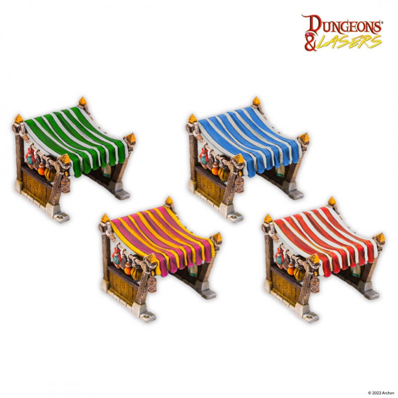 Four miniature market stalls, each with a striped awning (green, blue, pink, red)