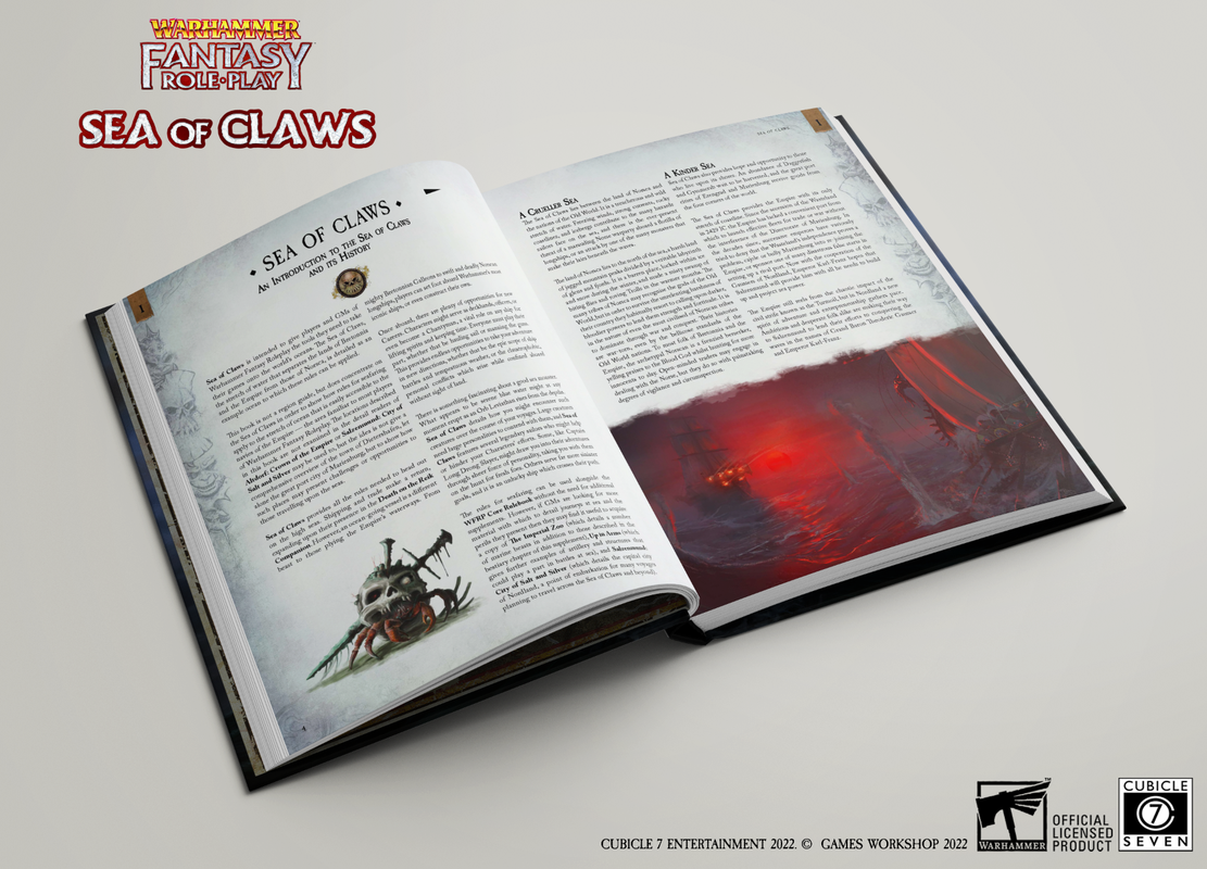 Open book displaying a Warhammer Fantasy Roleplay supplement titled Sea of Claws with illustrations of a skeletal hermit crab and a ship battling a kraken