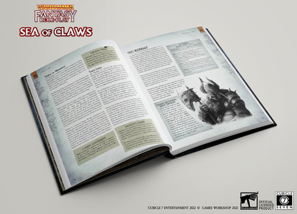 Open fantasy rulebook showing detailed illustrations and text including pages on The Blue Conch Varg Lodge Olg Bloodsalt and Chaos Mutation Brine Drinker