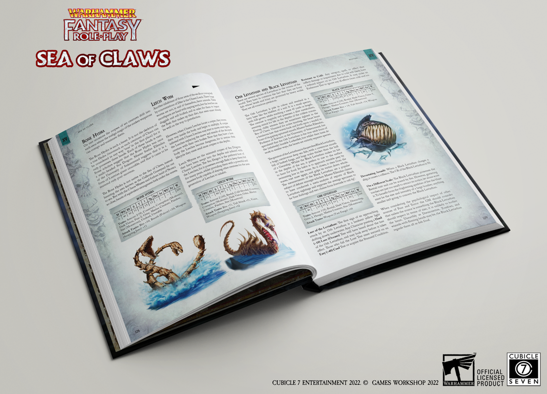 Open tabletop role-playing game book featuring descriptions and illustrations of fantastical sea creatures like the Bone Hydra Leech Wyrm Orb Leviathan and Black Leviathan set against a dark background