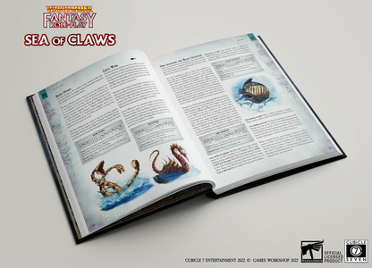 Open tabletop role-playing game book featuring descriptions and illustrations of fantastical sea creatures like the Bone Hydra Leech Wyrm Orb Leviathan and Black Leviathan set against a dark background