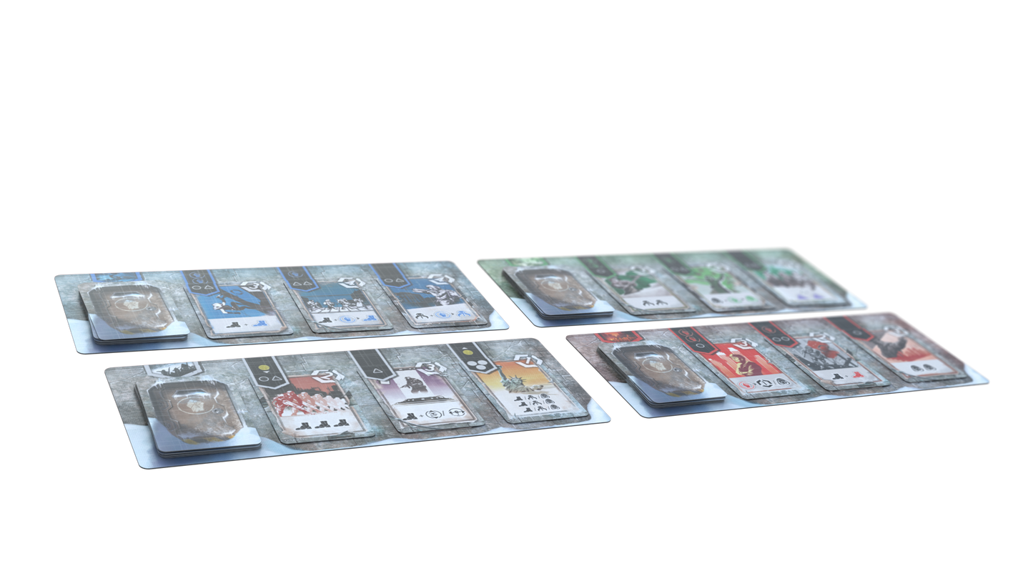 Four sets of board game cards and tokens, each with a different color theme, displayed