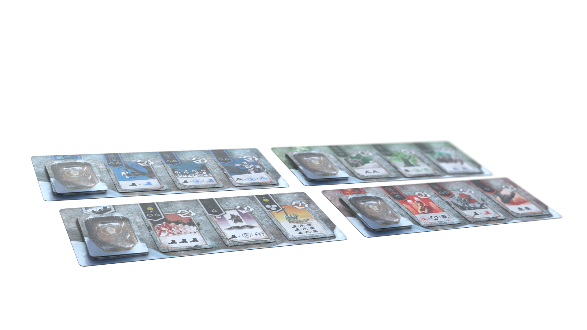 Four sets of board game cards and tokens, each with a different color theme, displayed