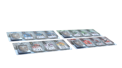 Four sets of board game cards and tokens, each with a different color theme, displayed