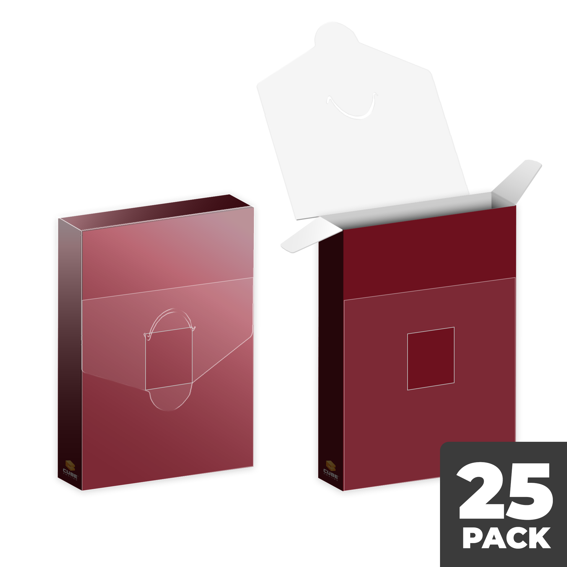 Two maroon boxes: one closed with a hang tab outline, one open