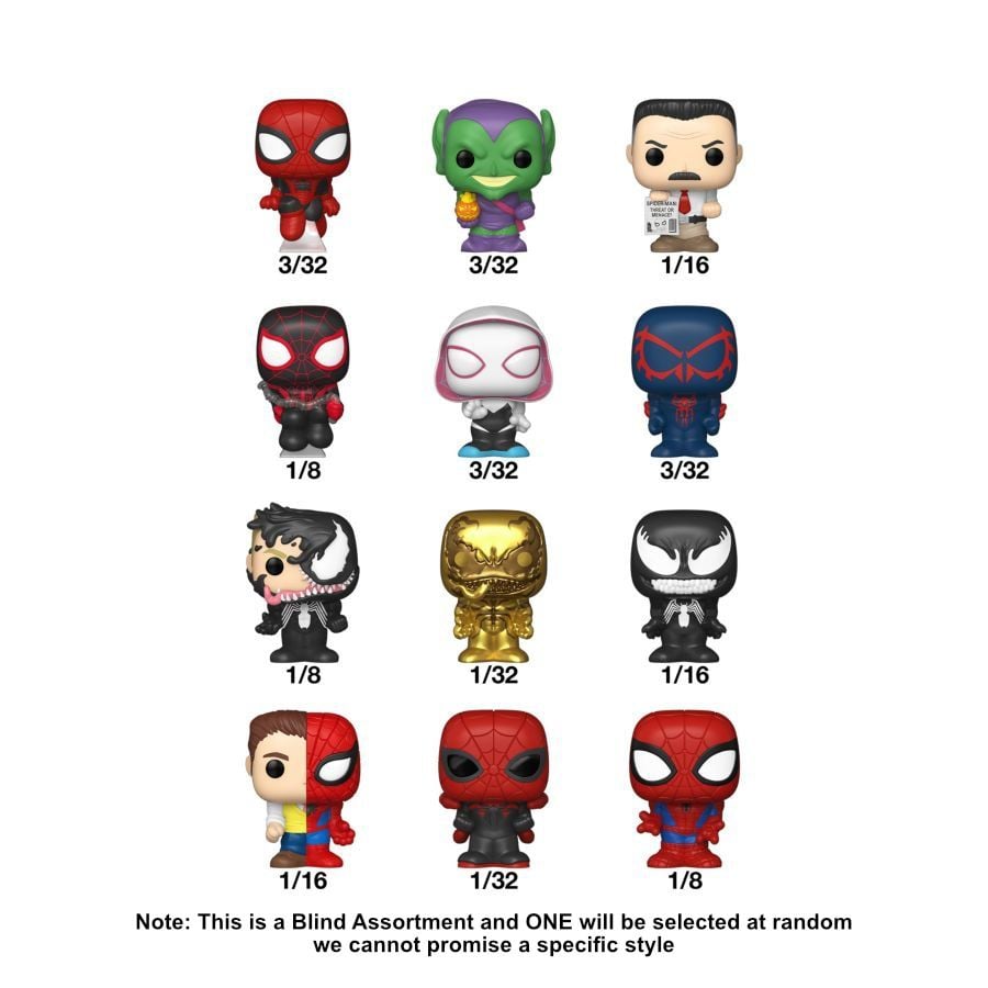 Blind box checklist of 12 Spider-Man universe Funko figures, including Spider-Gwen, Green Goblin, Venom, and variants, with rarity ratios