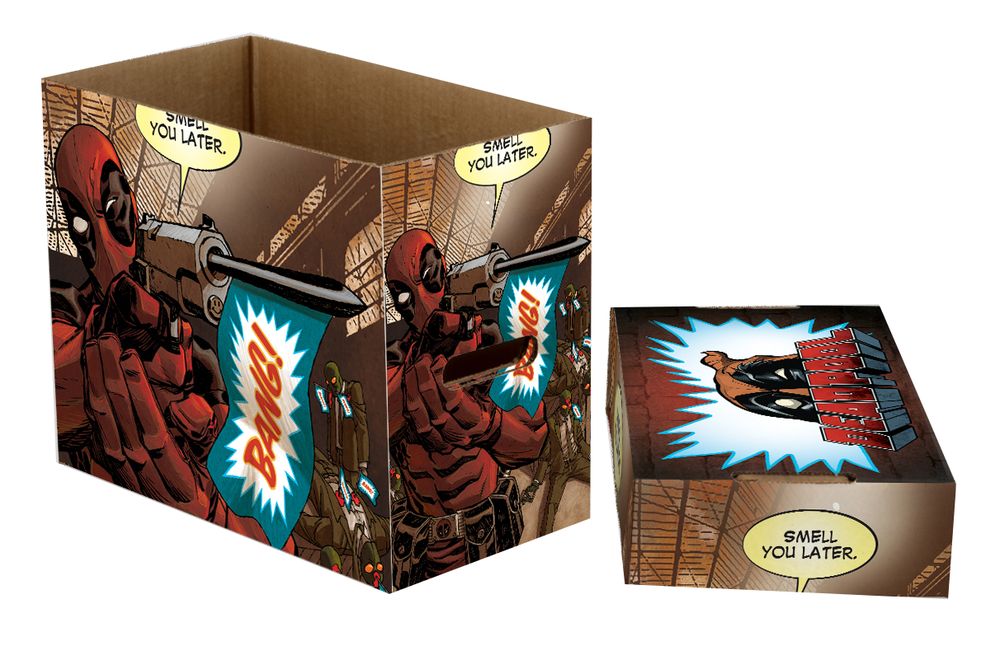 Deadpool-themed cardboard boxes. An open box shows him firing a "BANG!" flag gun. A closed box has a turkey. Both display "SMELL YOU LATER"