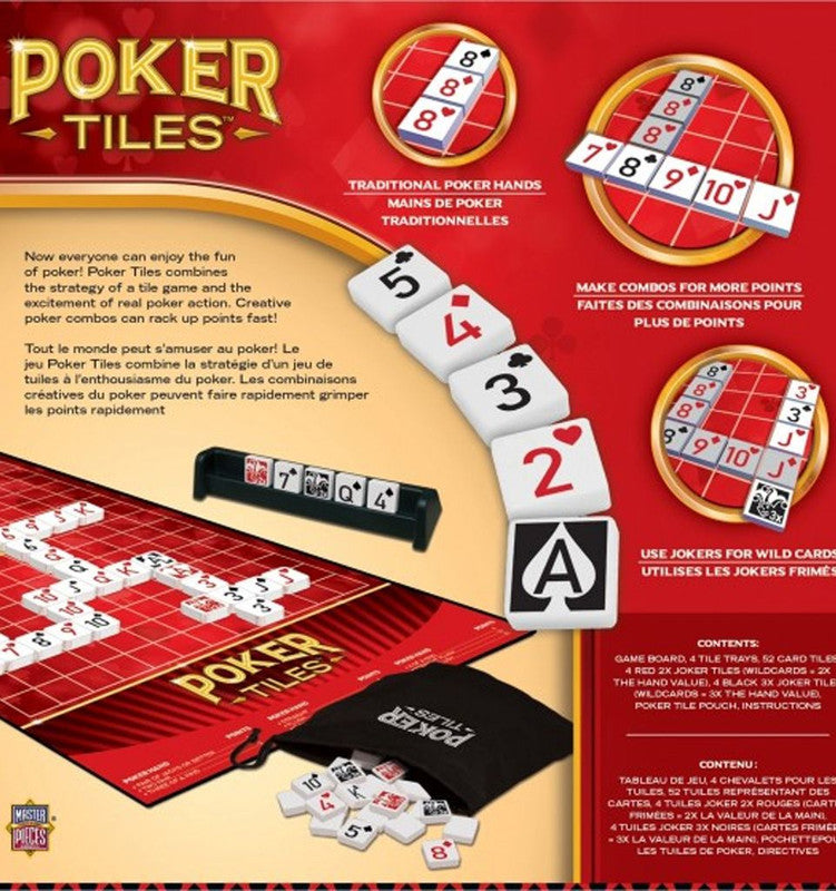 Top-down view of a complete set of ceramic poker tiles laid out neatly, showcasing detailed painted designs of playing card symbols including hearts, clubs, spades, and diamonds