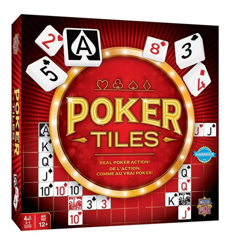 Close-up of a set of ceramic poker tiles with intricate colorful artwork featuring traditional playing card suits and numbers arranged on a white surface