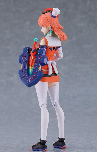 Takanashi Kiara figma with alternate faceplate and sword drawn in dynamic battle stance