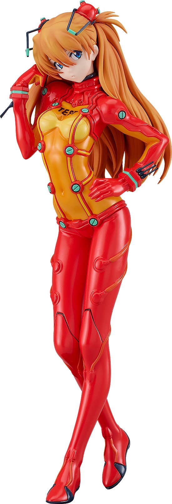 Anime figure of Asuka Langley Soryu in red and orange plugsuit, posing with her hand on her hip