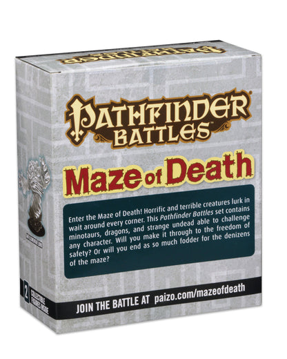 Pathfinder Battles: Maze of Death game box displaying title, a Stone Elemental Lord miniature, and product details