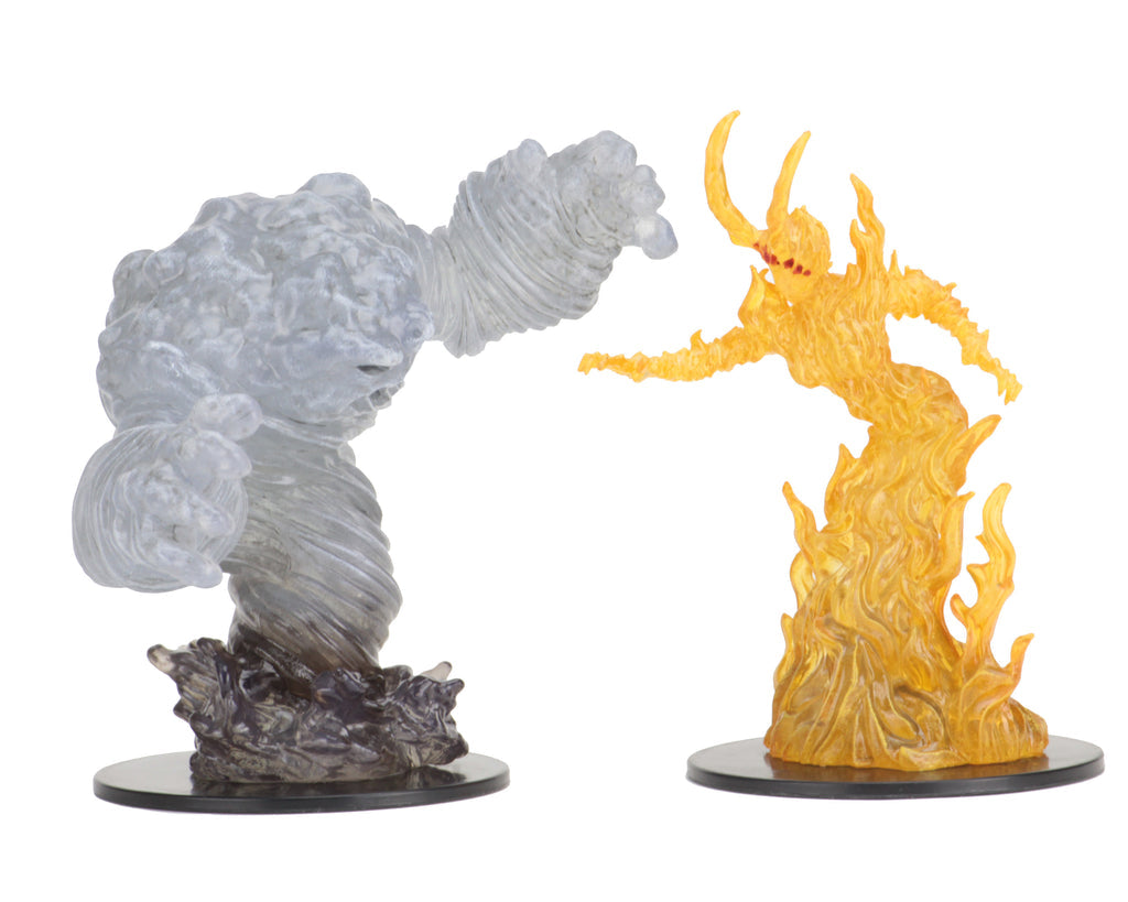 Translucent grey stone elemental with a raised fist faces a vibrant orange fire elemental