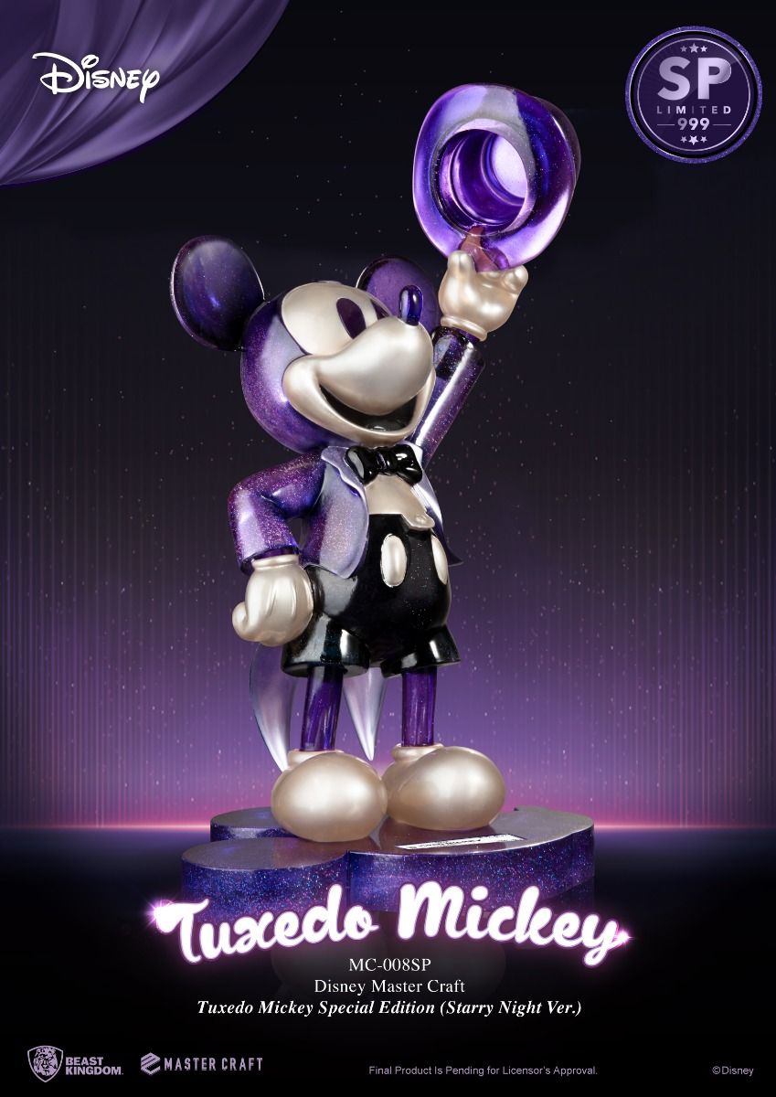 Special edition Disney Master Craft figure of Mickey Mouse in a tuxedo with a starry night background theme, standing on a decorative base