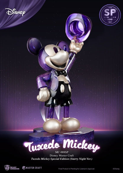 Special edition Disney Master Craft figure of Mickey Mouse in a tuxedo with a starry night background theme, standing on a decorative base